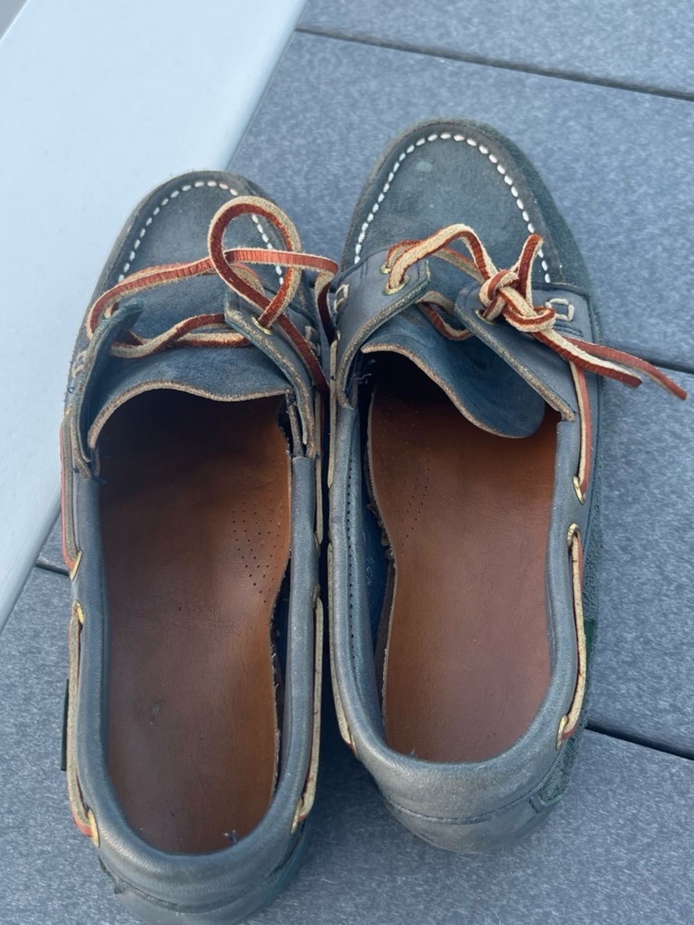 G.H. Bass & Co. Olive Green Suede Boat Shoes with Tan Laces